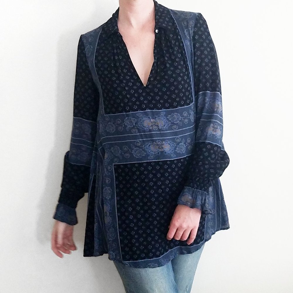 Free People Paisley Long Line Tunic Blouse Blue